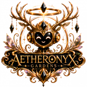 Official Aetheronyx Gardens™ gold logo featuring a smiling BotFolk character with crystal antlers, black crystal gemstones, and an ornate fantasy crest.
