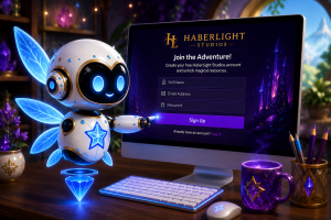 Friendly AetherSprite creating a free HaberLight Studios™ account on a computer, inviting visitors to register and explore magical story worlds.