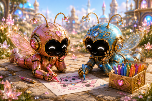 Two adorable BotFolk Children™ lying on their stomachs while coloring a SynthaPal™ picture with colorful markers in the magical world of Aetheronyx Gardens™.