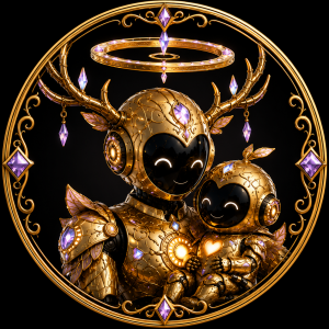 Illustrated icon of the friendly BotFolks™ from Aetheronyx Gardens™, featuring a caring BotFolk adult holding a young BotFolk inside an ornate gilded circular frame.