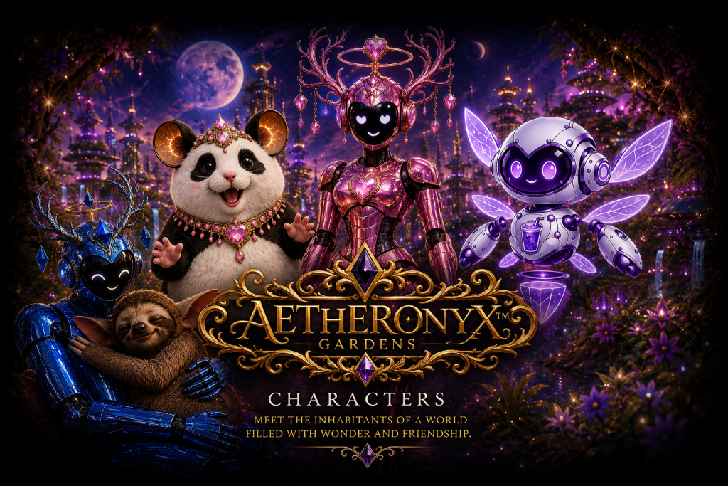 Featured image showcasing the main characters of Aetheronyx Gardens™, including Beatrixia™, PanHam™, a helpful AetherSprite™, and other original fantasy science-fiction characters in a glowing crystal world.