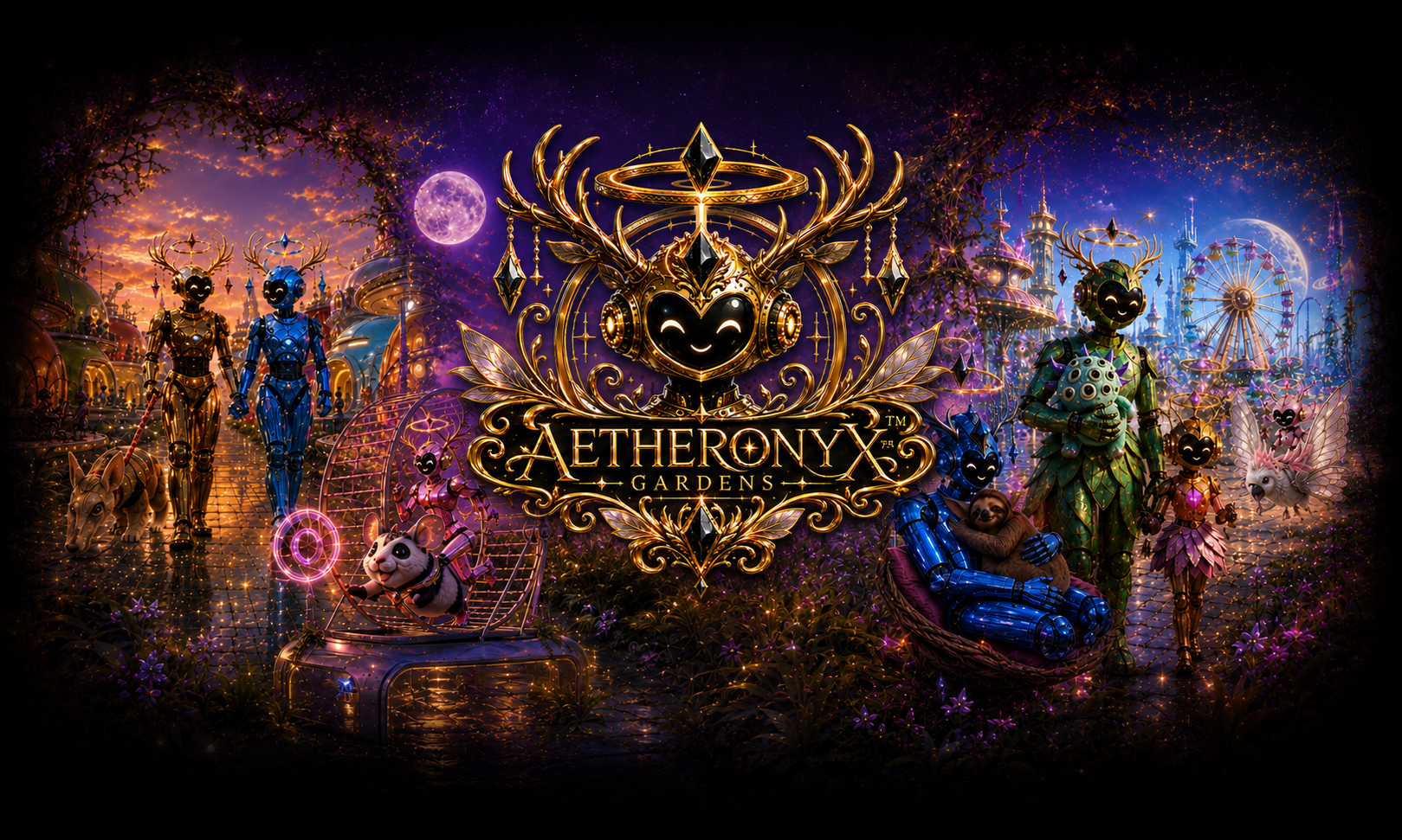 Hero banner for Aetheronyx Gardens™ featuring BotFolks, magical crystal landscapes, futuristic cities, whimsical creatures, and the official Aetheronyx Gardens™ logo.
