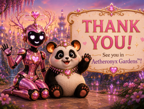 Beatrixia™ and PanHam™ sitting together and waving beside a Thank You message inviting readers to visit Aetheronyx Gardens™.