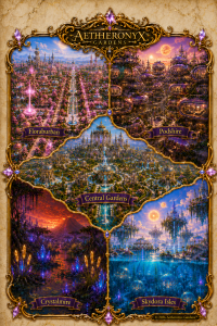 Official illustrated world map of Aetheronyx Gardens™, featuring the five magical regions of Floraburban, Podshire, Central Gardens, Crystalmire, and Skydora Isles.