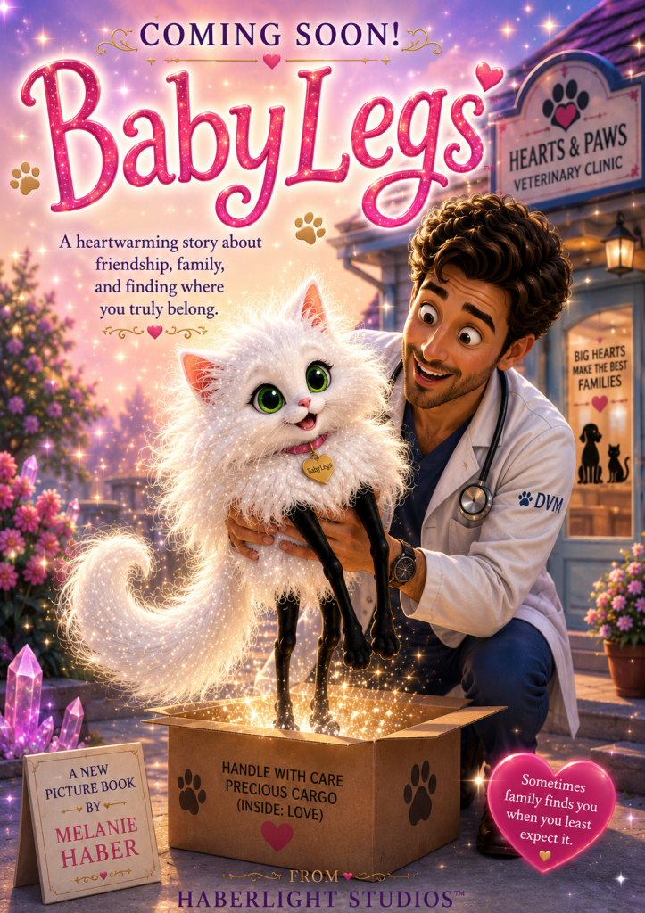 Coming Soon poster for BabyLegs™ featuring BabyLegs, a fluffy white cloud-like kitten with sparkling fur, long velvety black legs, bright green eyes, and a pink collar with a gold heart tag, being gently lifted from a box outside a veterinary clinic by a kind veterinarian.