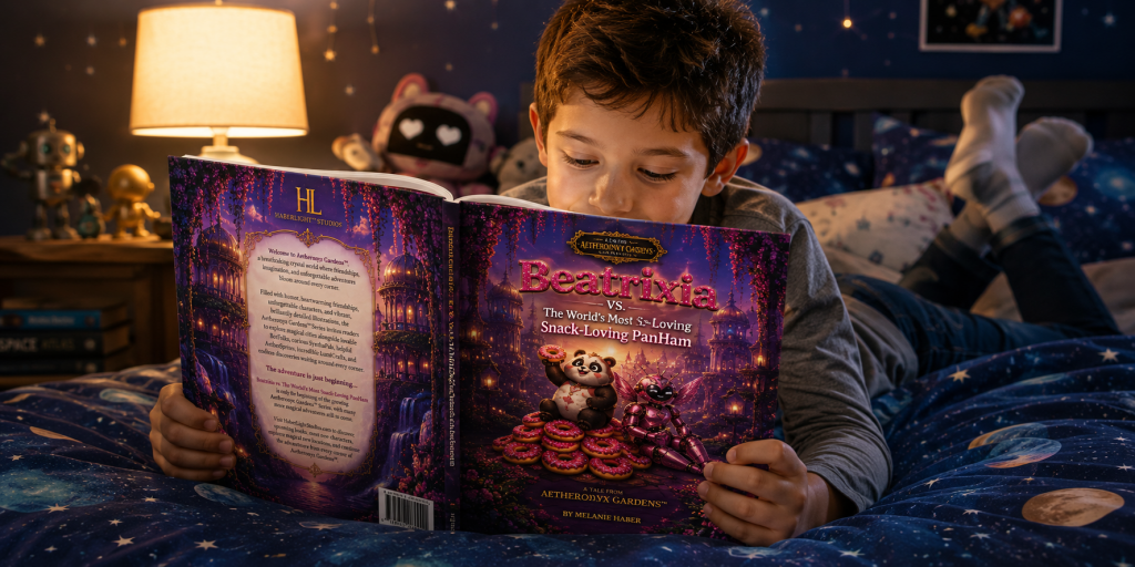 A young child relaxing on a bed while reading the paperback edition of Beatrixia vs. The World's Most Snack-Loving PanHam from the Aetheronyx Gardens™ Series