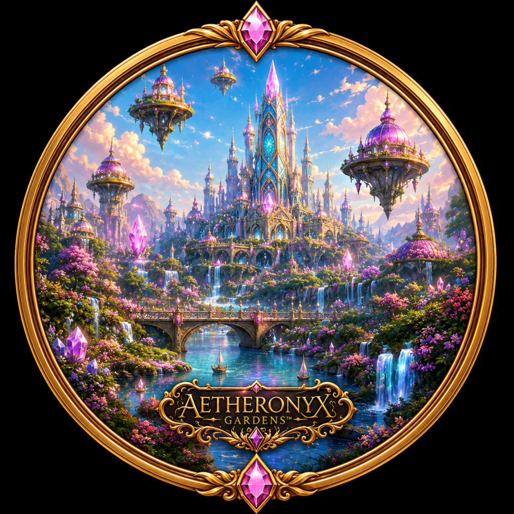 Decorative medallion featuring the magical world of Aetheronyx Gardens™ with crystal cities, floating islands, waterfalls, blooming gardens, and the official Aetheronyx Gardens™ logo.
