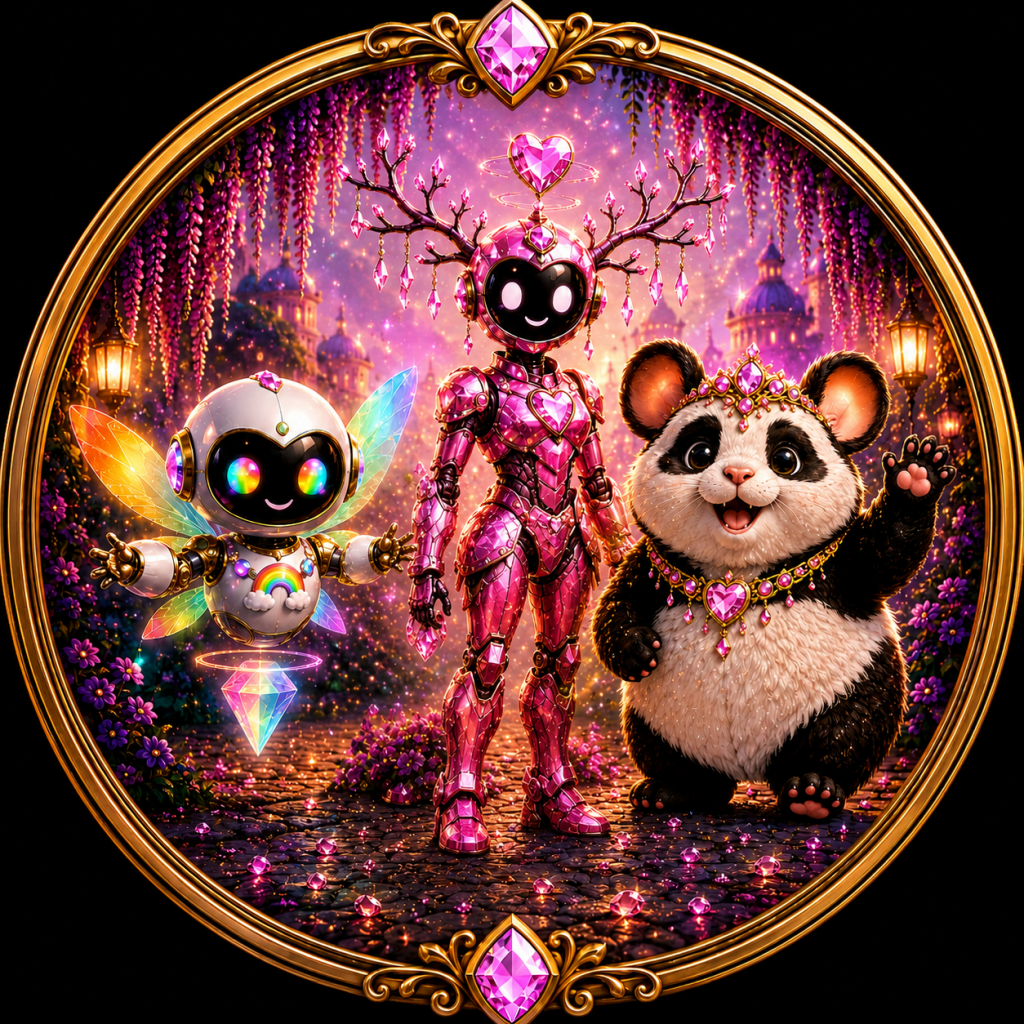 Fantasy character medallion featuring Beatrixia, PanHam, BabyLegs, and an AetherSprite from the Aetheronyx Gardens™ universe inside an ornate jeweled gold frame.