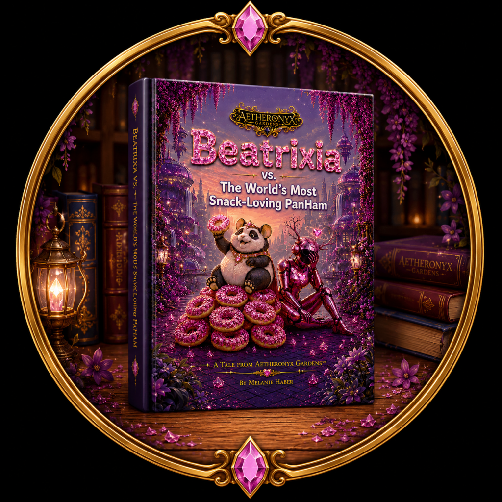 Featured Books medallion showing the cover of Beatrixia vs. The World's Most Snack-Loving PanHam, the first book in the Aetheronyx Gardens™ series by Melanie Haber.