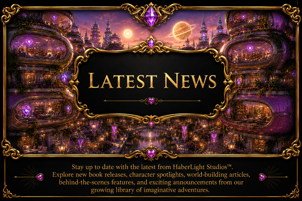 Latest News banner featuring PodShire from Aetheronyx Gardens™, showcasing the creative neighborhood of artists, inventors, and makers at HaberLight Studios™.