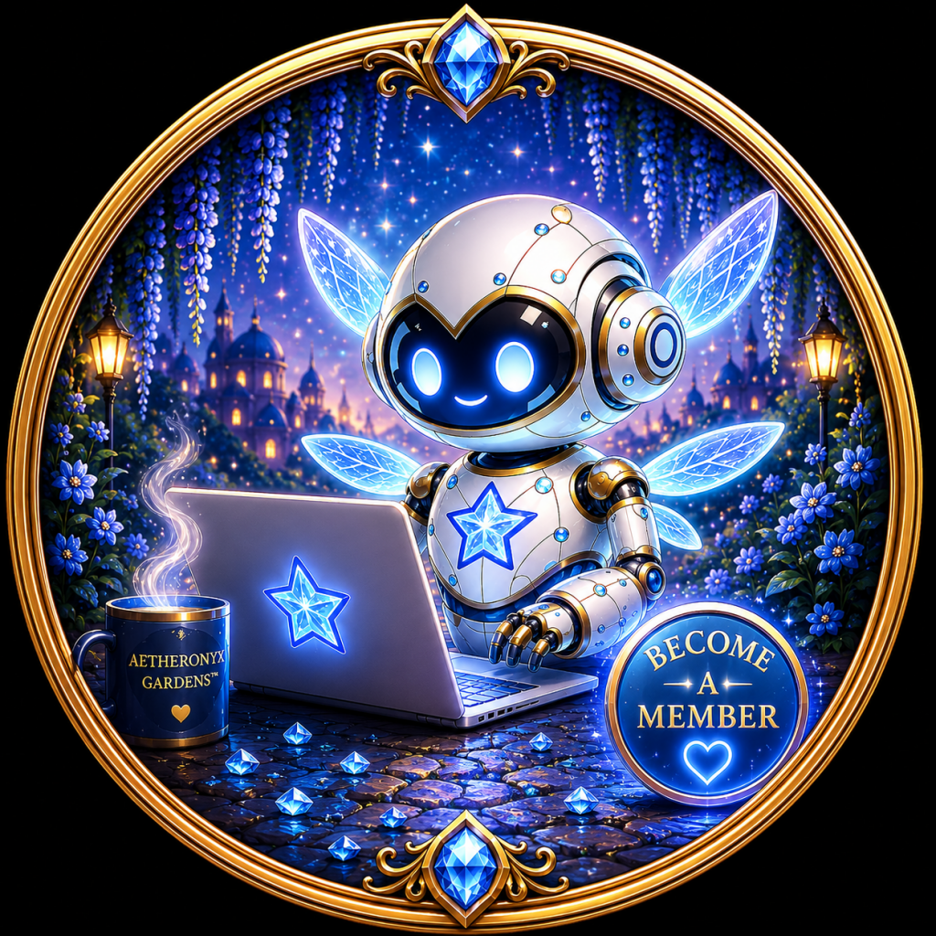 Fantasy character medallion featuring Beatrixia, PanHam, BabyLegs, and an AetherSprite from the Aetheronyx Gardens™ universe inside an ornate jeweled gold frame.