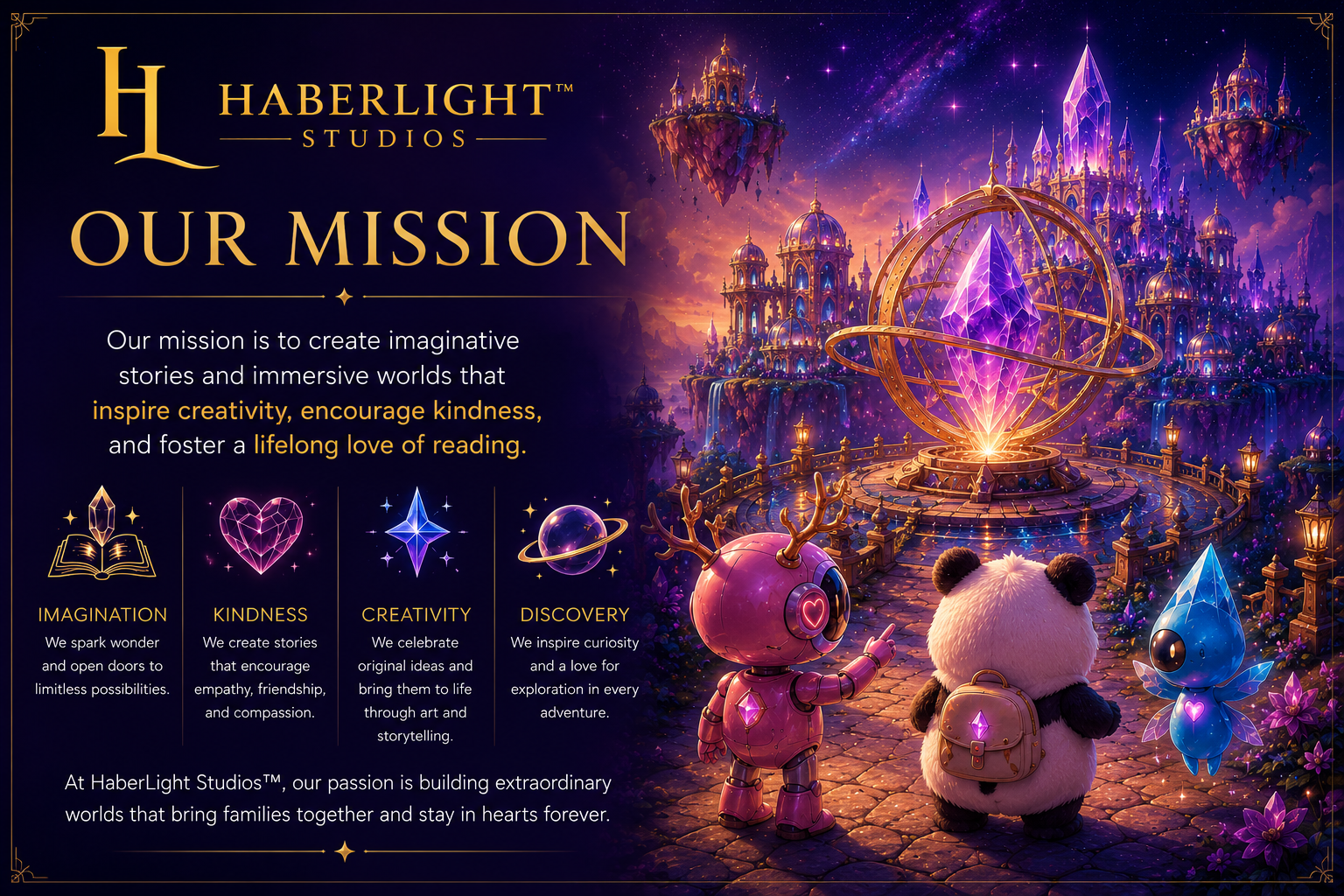 HaberLight Studios™ mission artwork featuring a glowing crystal surrounded by golden rings, magical fantasy architecture, floating islands, and lovable characters representing creativity, kindness, imagination, and storytelling.