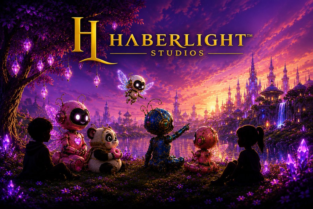 Featured artwork celebrating the launch of the HaberLight Studios™ website, showing children enjoying magical adventures alongside BotFolks™, a SynthaPal™, and an AetherSprite™ overlooking a glowing fantasy city at sunset.