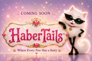 Sparkling HaberTails™ Coming Soon promotional banner featuring BabyLegs, a fluffy white cloud-like kitten with long velvety black legs, green eyes, sunglasses, and a heart-shaped name tag standing beside the HaberTails™ logo with the tagline "Where Every Paw Has a Story™."