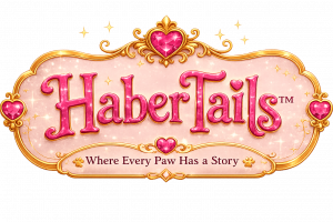 Official HaberTails™ logo featuring sparkling pink lettering, ornate gold scrollwork, heart-shaped gemstones, and the tagline "Where Every Paw Has a Story™" on a transparent background.